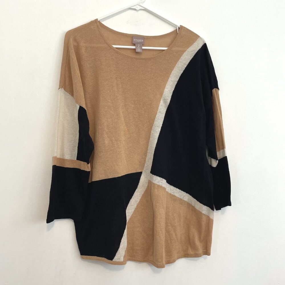 CHICO'S 2 Tan Camel Black White Colorblock Geometric Print 3/4 Sleeve Knit Top L